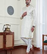 Cream jacquard Zari Work Mens Kurta Pajamas Set