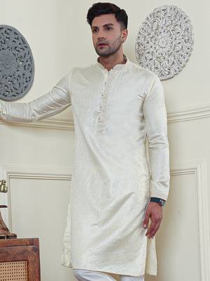 Cream jacquard Zari Work Mens Kurta Pajamas Set 2