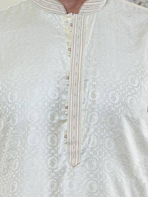 Cream jacquard Zari Work Mens Kurta Pajamas Set 3