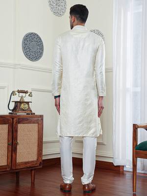 Cream jacquard Zari Work Mens Kurta Pajamas Set 4