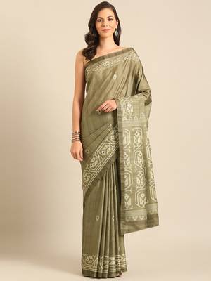 Sangam Prints Olive Green Cotton Digital Print Party Wear  Saree 1