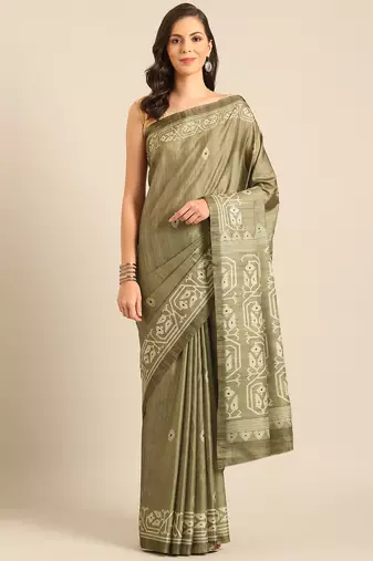 Sangam Prints Olive Green Cotton Digital Print Party Wear  Saree