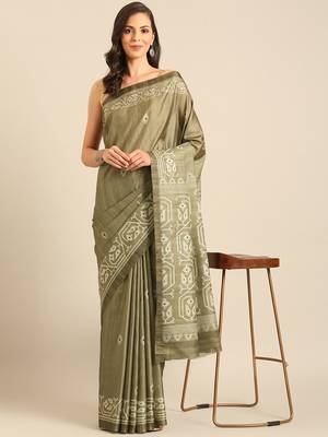 Sangam Prints Olive Green Cotton Digital Print Party Wear  Saree 2