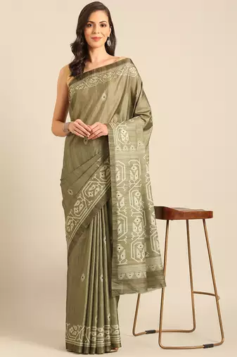 Sangam Prints Olive Green Cotton Digital Print Party Wear  Saree