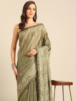 Sangam Prints Olive Green Cotton Digital Print Party Wear  Saree 3