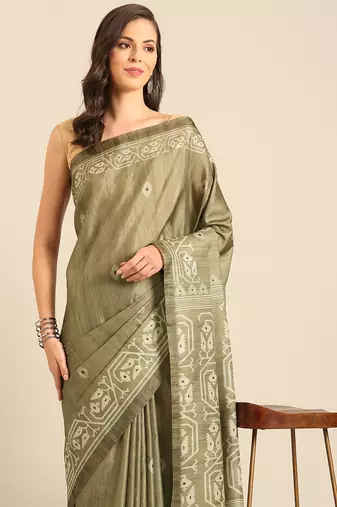Sangam Prints Olive Green Cotton Digital Print Party Wear  Saree