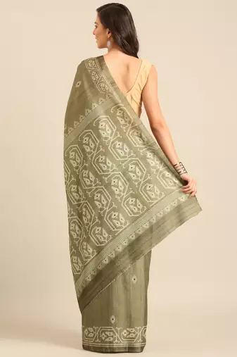 Sangam Prints Olive Green Cotton Digital Print Party Wear  Saree