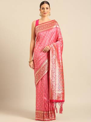 Sangam Prints Light Pink Banarasi silk blendWoven Work Traditional Tassels Saree 1