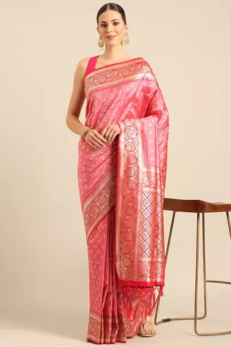 Sangam Prints Light Pink Banarasi silk blendWoven Work Traditional Tassels Saree