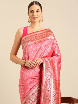 Sangam Prints Light Pink Banarasi silk blendWoven Work Traditional Tassels Saree 3