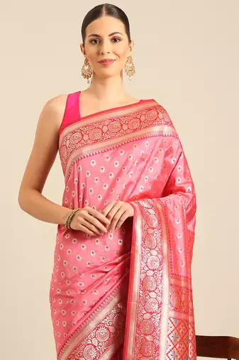 Sangam Prints Light Pink Banarasi silk blendWoven Work Traditional Tassels Saree