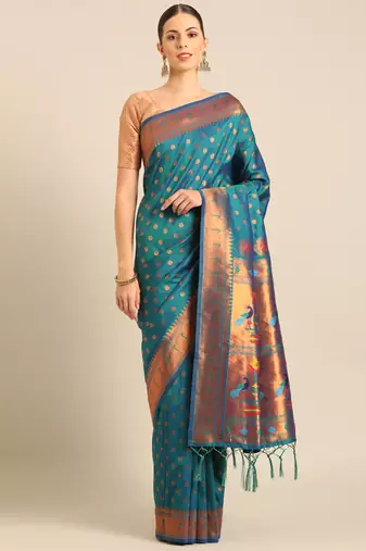 Sangam prints turquoise paithani silk woven zari work traditional tassels saree