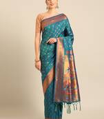 Sangam prints turquoise paithani silk woven zari work traditional tassels saree