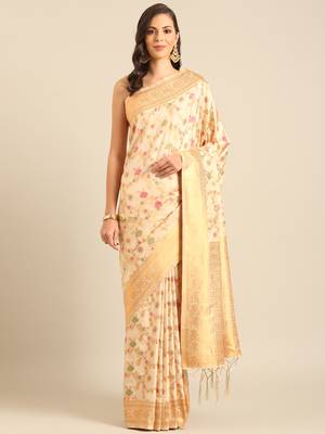 Sangam prints cream Banarasi silk blend woven work traditional tassels saree 1