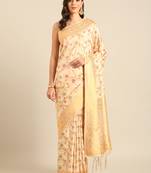 Sangam prints cream Banarasi silk blend woven work traditional tassels saree