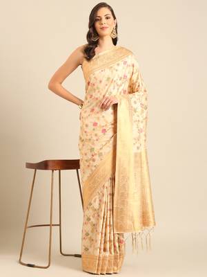 Sangam prints cream Banarasi silk blend woven work traditional tassels saree 2