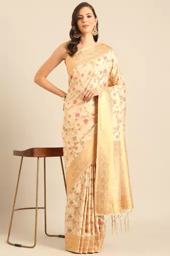 Sangam prints cream Banarasi silk blend woven work traditional tassels saree