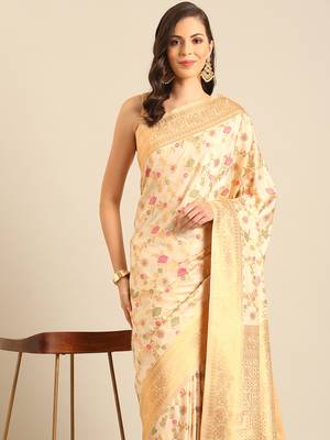 Sangam prints cream Banarasi silk blend woven work traditional tassels saree 3