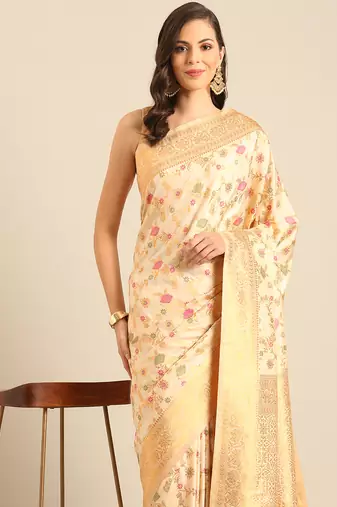 Sangam prints cream Banarasi silk blend woven work traditional tassels saree