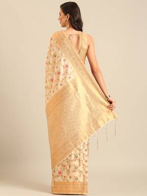 Sangam prints cream Banarasi silk blend woven work traditional tassels saree 4