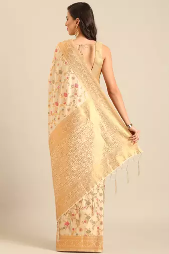Sangam prints cream Banarasi silk blend woven work traditional tassels saree