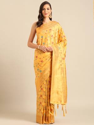 Sangam prints mustard Banarasi silk blend woven work traditional tassels saree 1