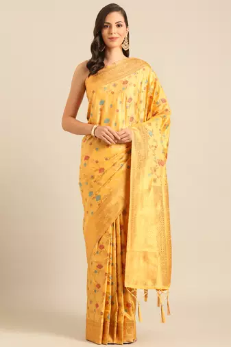 Sangam prints mustard Banarasi silk blend woven work traditional tassels saree