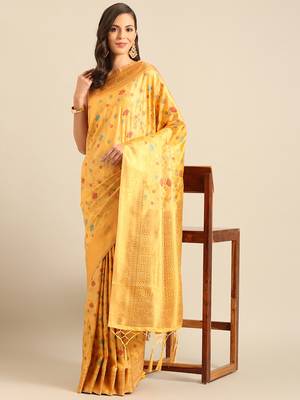 Sangam prints mustard Banarasi silk blend woven work traditional tassels saree 2