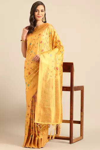 Sangam prints mustard Banarasi silk blend woven work traditional tassels saree