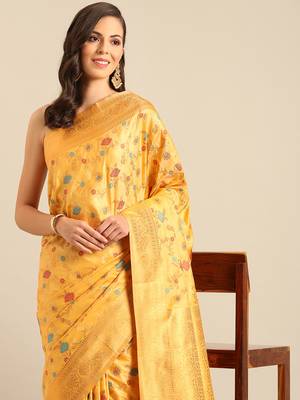 Sangam prints mustard Banarasi silk blend woven work traditional tassels saree 3