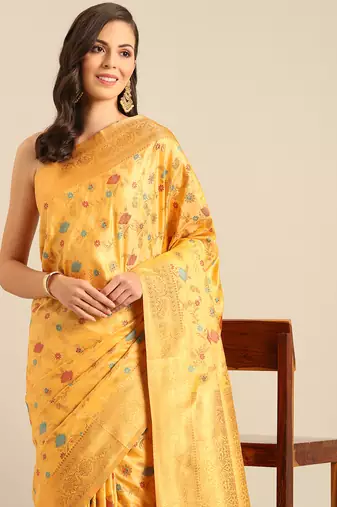 Sangam prints mustard Banarasi silk blend woven work traditional tassels saree