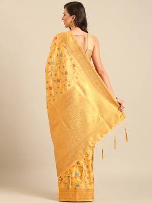 Sangam prints mustard Banarasi silk blend woven work traditional tassels saree 4