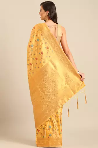 Sangam prints mustard Banarasi silk blend woven work traditional tassels saree
