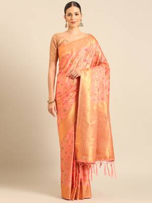 Sangam Prints Pink Banarasi silk blendWoven Work Traditional Tassels Saree 1