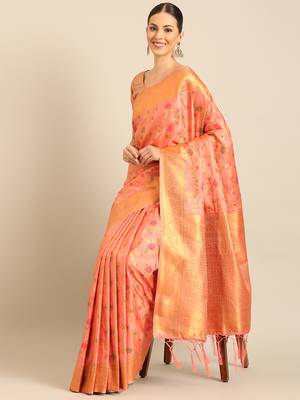 Sangam Prints Pink Banarasi silk blendWoven Work Traditional Tassels Saree 2