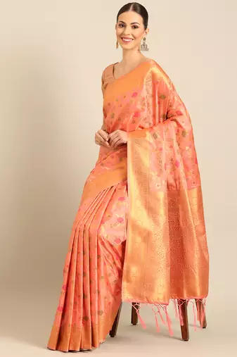 Sangam Prints Pink Banarasi silk blendWoven Work Traditional Tassels Saree