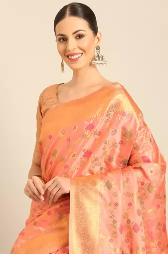 Sangam Prints Pink Banarasi silk blendWoven Work Traditional Tassels Saree