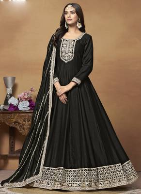 Black art silk embroidered anarkali suit 1