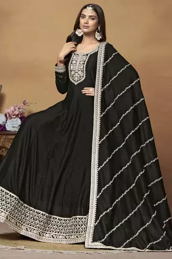 Black art silk embroidered anarkali suit