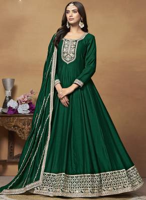 Green art silk embroidered anarkali suit 1