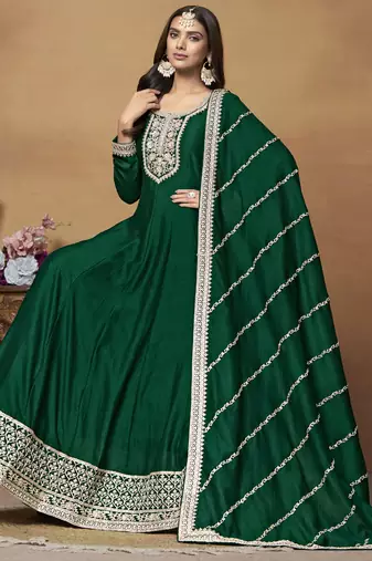 Green art silk embroidered anarkali suit