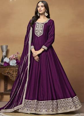 Wine art silk embroidered anarkali suit 1