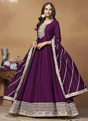 Wine art silk embroidered anarkali suit 2