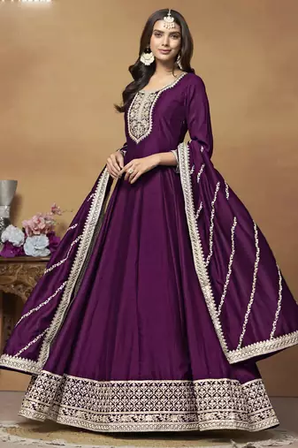 Wine art silk embroidered anarkali suit