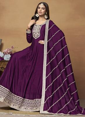 Wine art silk embroidered anarkali suit 3