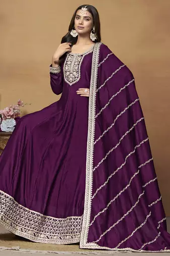 Wine art silk embroidered anarkali suit