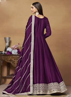 Wine art silk embroidered anarkali suit 4