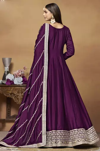 Wine art silk embroidered anarkali suit