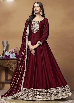 Maroon art silk embroidered anarkali suit 1