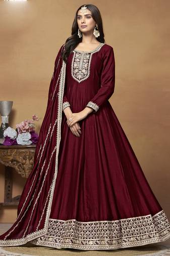 Maroon art silk embroidered anarkali suit